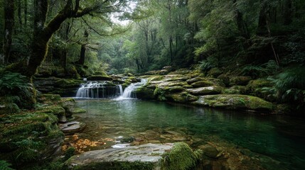 Fototapeta premium Moss-covered waterfall in emerald forest