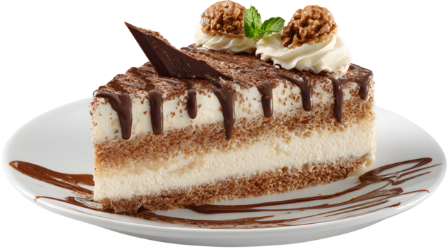 A slice of cake with chocolate drizzle and a green leaf 