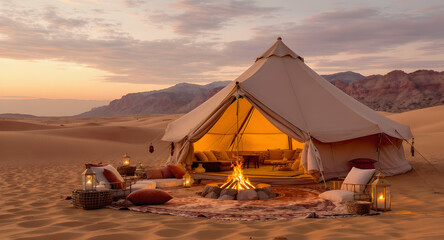 Desert Camp at Sunset: Illuminated Tent and Fire in Sand Dunes