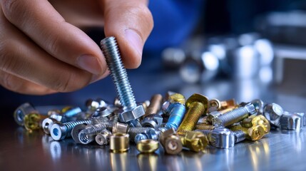 A person is holding a bunch of different sized nuts and bolts