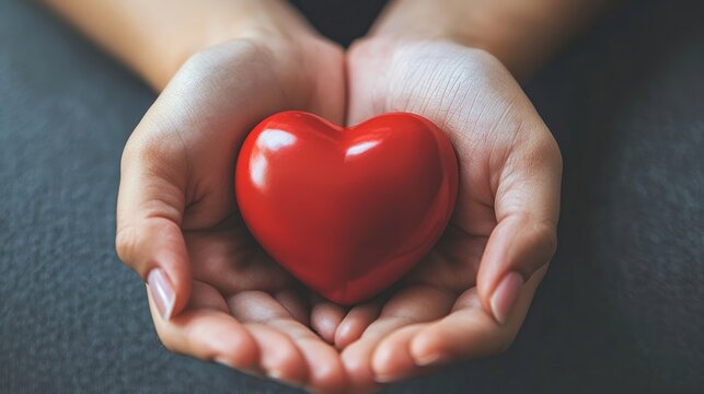 Hands holding a red heart against a gray background