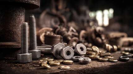 A pile of nuts and bolts on a table with a few coins scattered around