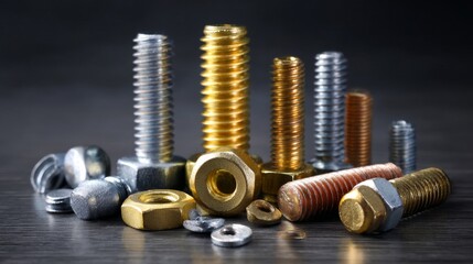 A collection of different sized nuts and bolts on a table