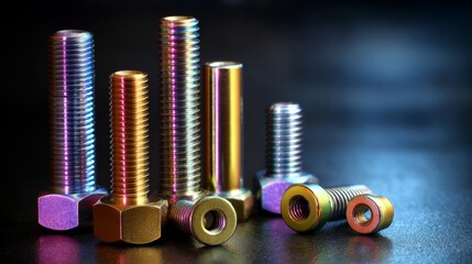 A row of colorful bolts are displayed on a black surface