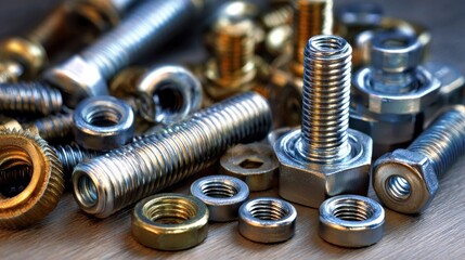 A collection of nuts and bolts, including screws, nuts, and bolts