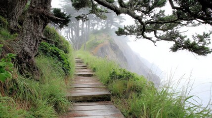 Obraz premium Misty coastal redwood walkway disappearing into fog