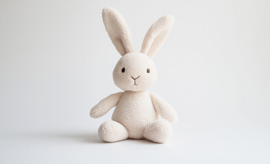 Soft beige plush bunny toy sitting on a white background. 