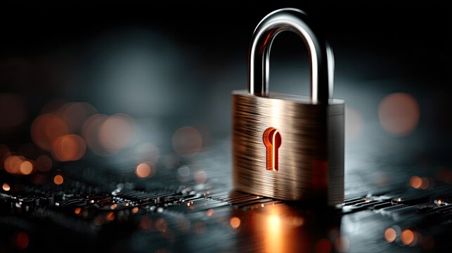 Digital Fortress: A close-up shot of a shiny padlock standing guard, symbolizing security and protection against cyber threats in the digital world.