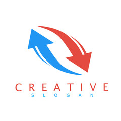 Dynamic logo with red and blue curved arrows pointing in opposite directions, symbolizing exchange, balance, and movement in a modern, creative design