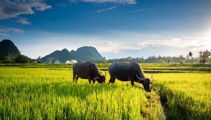 two water buffaloes peacefully graze in serene lush rice paddy field
