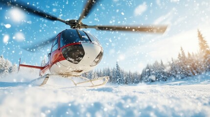 A helicopter gracefully lands amidst a beautiful snowy landscape, showcasing dynamic movement and the stunning contrast of red against white in a winter wonderland.