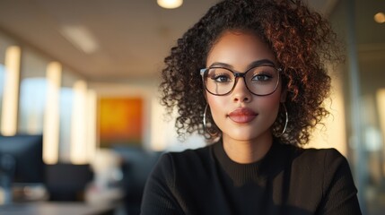 A close-up portrait of a confident woman wearing glasses and a stylish outfit, radiating beauty and intelligence in a modern office environment, perfect for showcasing professional aesthetics.