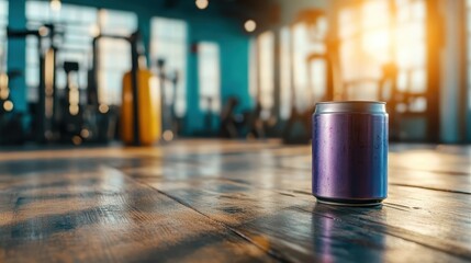 A colorful can of beverage positioned on a gym floor bathed in warm sunlight, capturing the essence of health, vitality, and refreshment in a modern fitness setting at dusk.