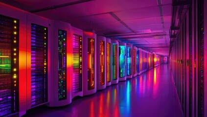 Colored server racks in a data center hallway