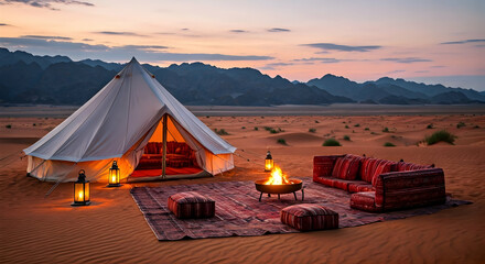 Desert Sunset Camp: Luxury Tent and Fire Pit in Sand Dunes