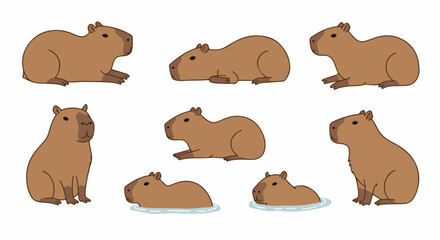 Obraz premium Capybara Hydrochoerus hydrochaeris illustration set. Capybara poses include sitting, lying, and swimming. This capybara image set is perfect for children's books, educational materials,