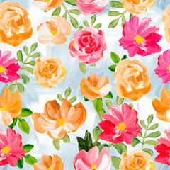 Seamless pattern of abstract yellow and pink flowers, original hand drawn, impressionism style, color texture, brush strokes of paint, art background
