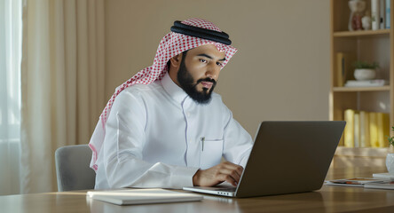 Focused Arab Businessman Working on Laptop in Home Office