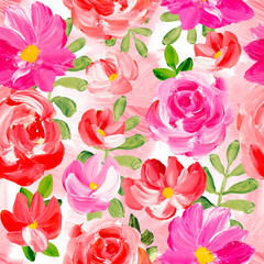 Seamless pattern of abstract red and pink flowers, original hand drawn, impressionism style, color texture, brush strokes of paint, art background