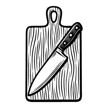with Knife on Cutting Board Black and White Outline Line Art Drawing Illustration