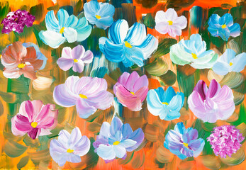 Abstract flowers, original hand drawn, impressionism style, color texture, brush strokes of paint, art background.