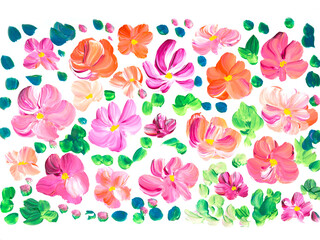 Abstract flowers, original hand drawn, impressionism style, color texture, brush strokes of paint, art background.