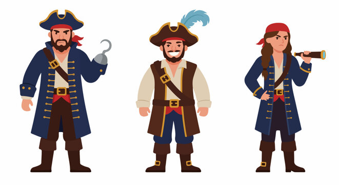 Pirate crew illustration featuring three diverse buccaneers.  A male pirate captain with hook hand and stern expression, a smiling male pirate, and a female pirate using spyglass are depicted.