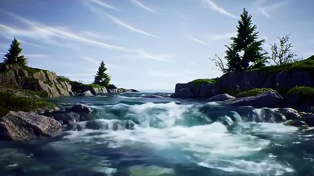 A realistic 4K cinematic mountain stream with crystal-clear water flowing over rocky bed, under a diffused overcast sky, thin wispy clouds drifting, static mossy rocks and pine saplings, realistic, 3D