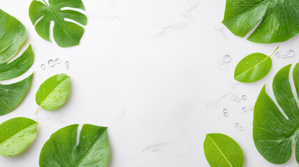Green leaves and water drops on white marble