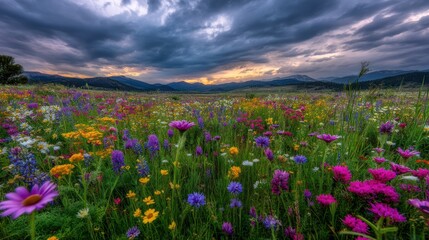 Fototapeta premium Wildflower meadow with colorful blooms under soft clouds