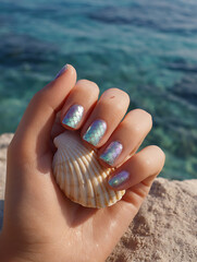 Mermaid scale holographic nail art with seashell by tropical sea
