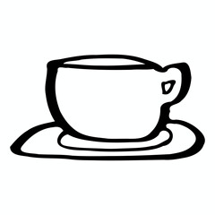 Minimalist hand-drawn illustration of a flat coffee latte cup with matching saucer black line art style