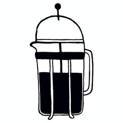 Minimalist hand-drawn illustration of a French press filled with coffee in black line art