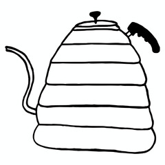 Minimalist hand-drawn illustration of a metal gooseneck kettle with a long curved spout used for pour-over brewing