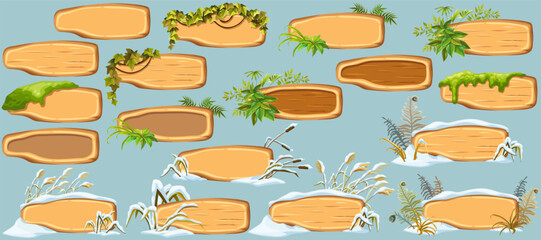 Cartoon game panels with swamp moss, forest lichen, liana branches, jungle leaves, ivy. Marsh reed under snow. Swamp cattails, fern winter. Broken weed and snowdrifts. Vector signboards, frames.