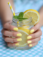 Vibrant Yellow Summer Nails Holding Lemonade in a Mason Jar