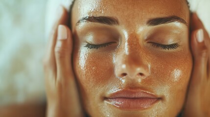 A serene woman with glistening skin experiences a facial treatment, showcasing tranquility and self-care in a calming spa environment for rejuvenation.