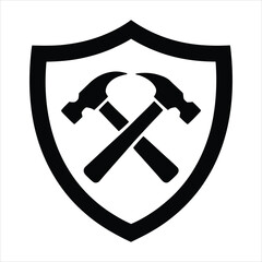 Construction Logo with Crossed Hammers and Shield Vector Icon