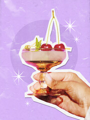 A hand holds a cocktail glass with cherries against a vibrant purple paper cut collage background. Concept of creative design in beverage marketing and art.