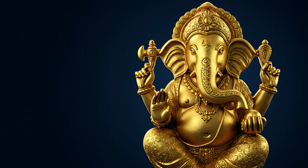 Obraz premium Golden Ganesha statue, ornate details, seated pose, dark background, Hindu deity.