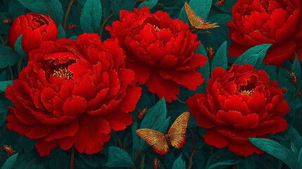 Red flowers and golden butterflies among green leaves