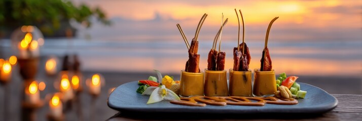 Airborne peanut satay skewers with peanut sauce arcs on a softly blurred Bali beach bar backdrop under vibrant sunset light