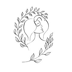Vector Elegant female face with delicate brunch and leaves. Hand painted linear contour flower. Graphic clipart isolated. Botanical, tattoo and wedding illustration. For designers, invitations