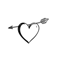 Heart Pierced by Arrow: A simple line art illustration of a heart pierced by a cupid's arrow, symbolizing love and romance in a minimalist black and white style.