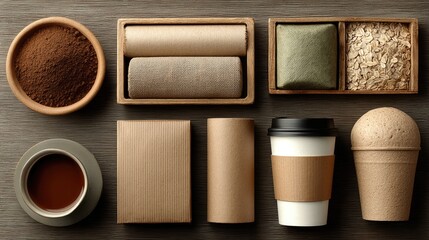 Fototapeta premium Aromas and Textures: A beautifully composed arrangement showcasing a delightful assortment of coffee-related products. Featuring various coffee ingredients.