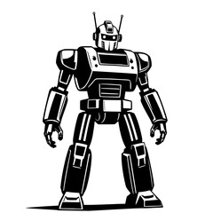 Retro Robot Illustration: A bold, monochrome line art illustration depicts a vintage-style robot, showcasing its mechanical details and imposing stance against a white background.