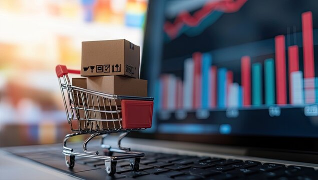 Miniature shopping cart filled with cardboard boxes rests on a laptop keyboard, blurred background of a store and financial charts