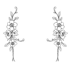 Elegant Floral Frame: A delicate line art illustration features two symmetrical floral arrangements, showcasing intricate blossoms and leaves on a white background.