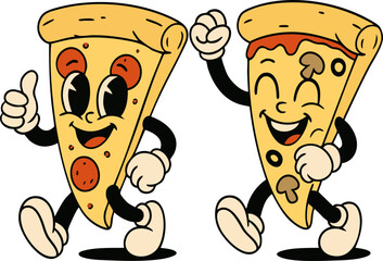 Retro Pizza Slice Characters – Salami and Mushroom Fun Cartoon Duo