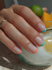 Summer French Tip Manicure with Colorful Tips and Tropical Drink